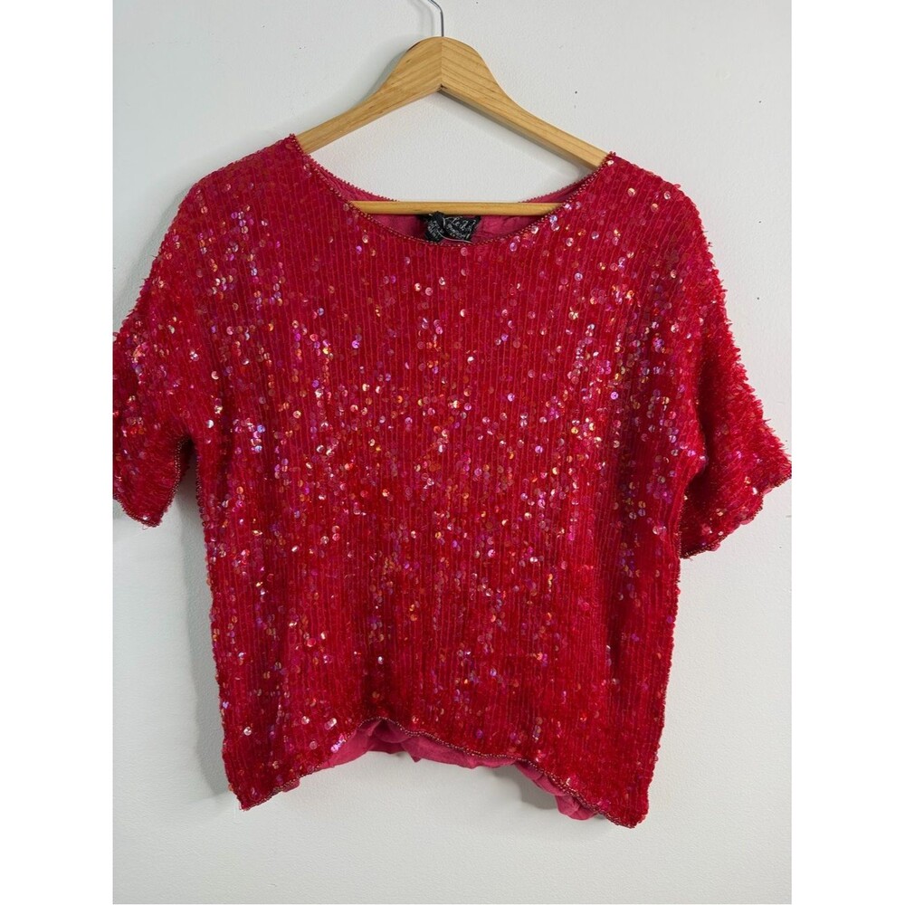 Joseph Le Bon Vintage Red Silk Sequin Beaded Blouse XL Party Evening Top